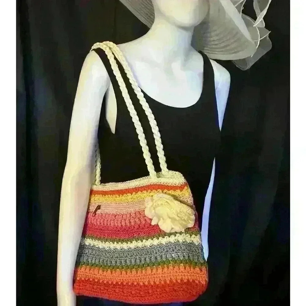 Lina Handbag Rainbow Stripe Flower Embellished Knit Bag